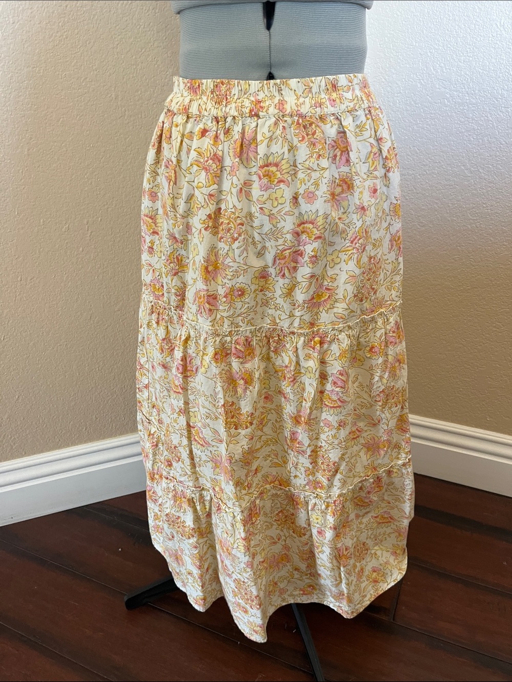 Floral Tiered Maxi Skirt - Cream with Pink & Yellow Floral